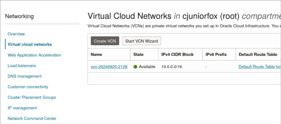 Oracle Cloud's Virtual Cloud Network List